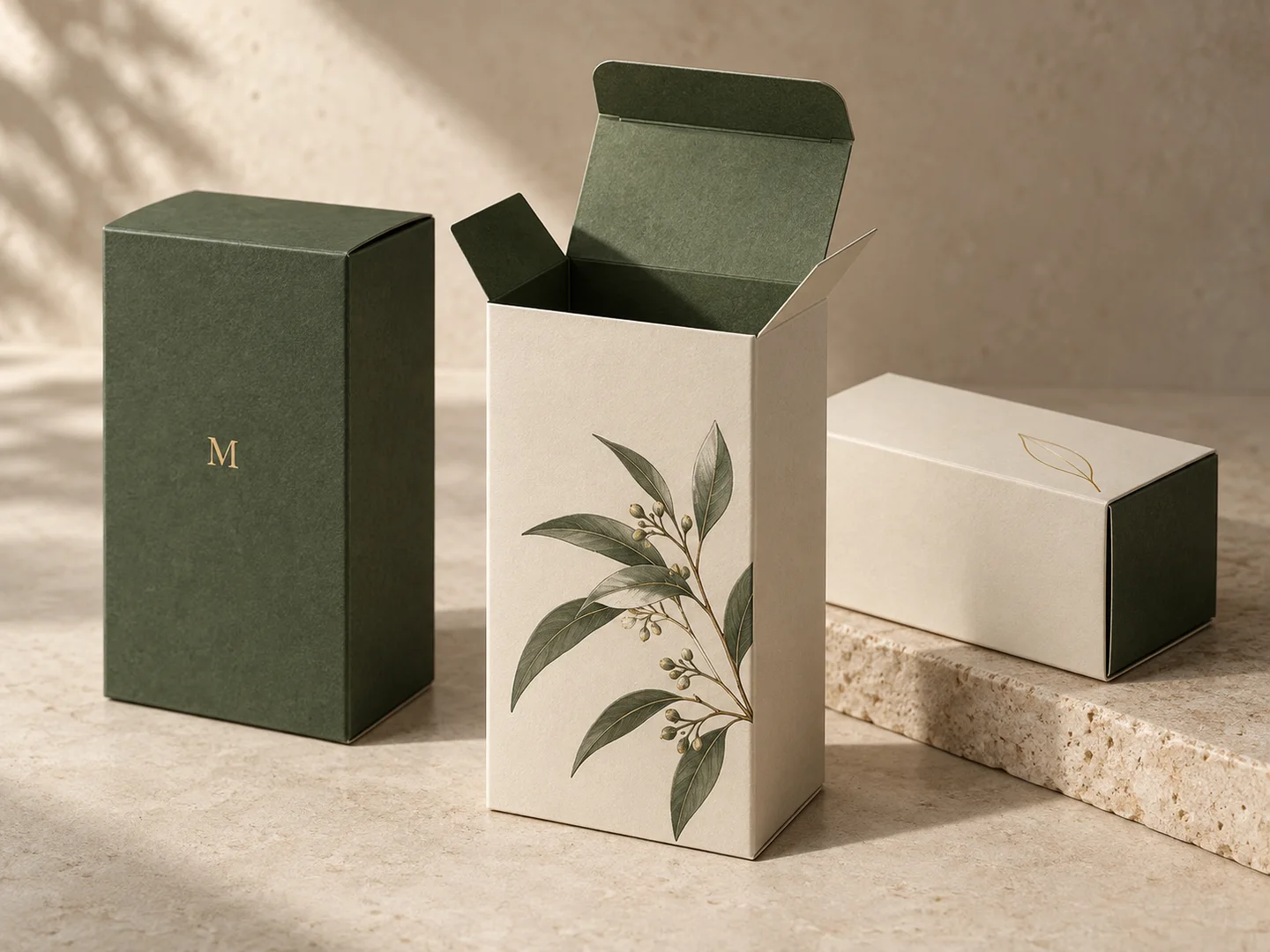 Ivory and green folding cartons with tuck-top closures
