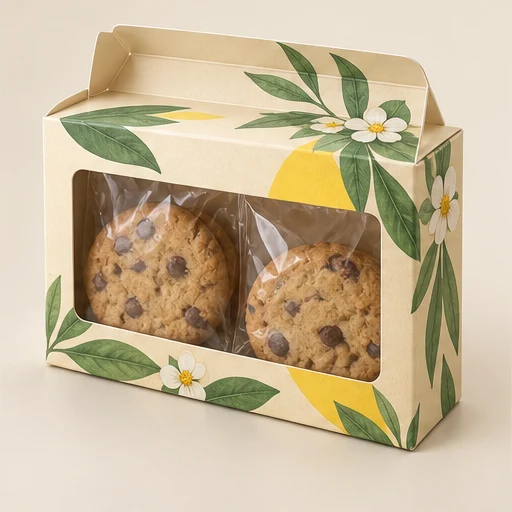 Window carton: A die-cut opening reveals the product. Optional transparent film and the underlying closure style are specified separately.