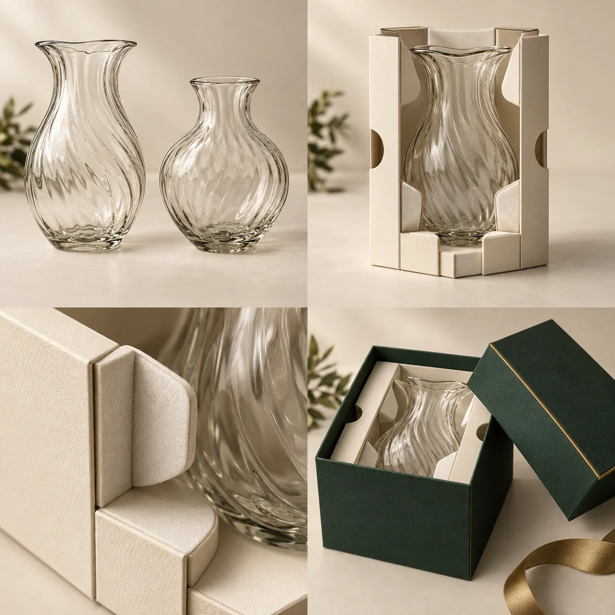 Concept: glass vase supported by folded paperboard tabs with an empty insert sample