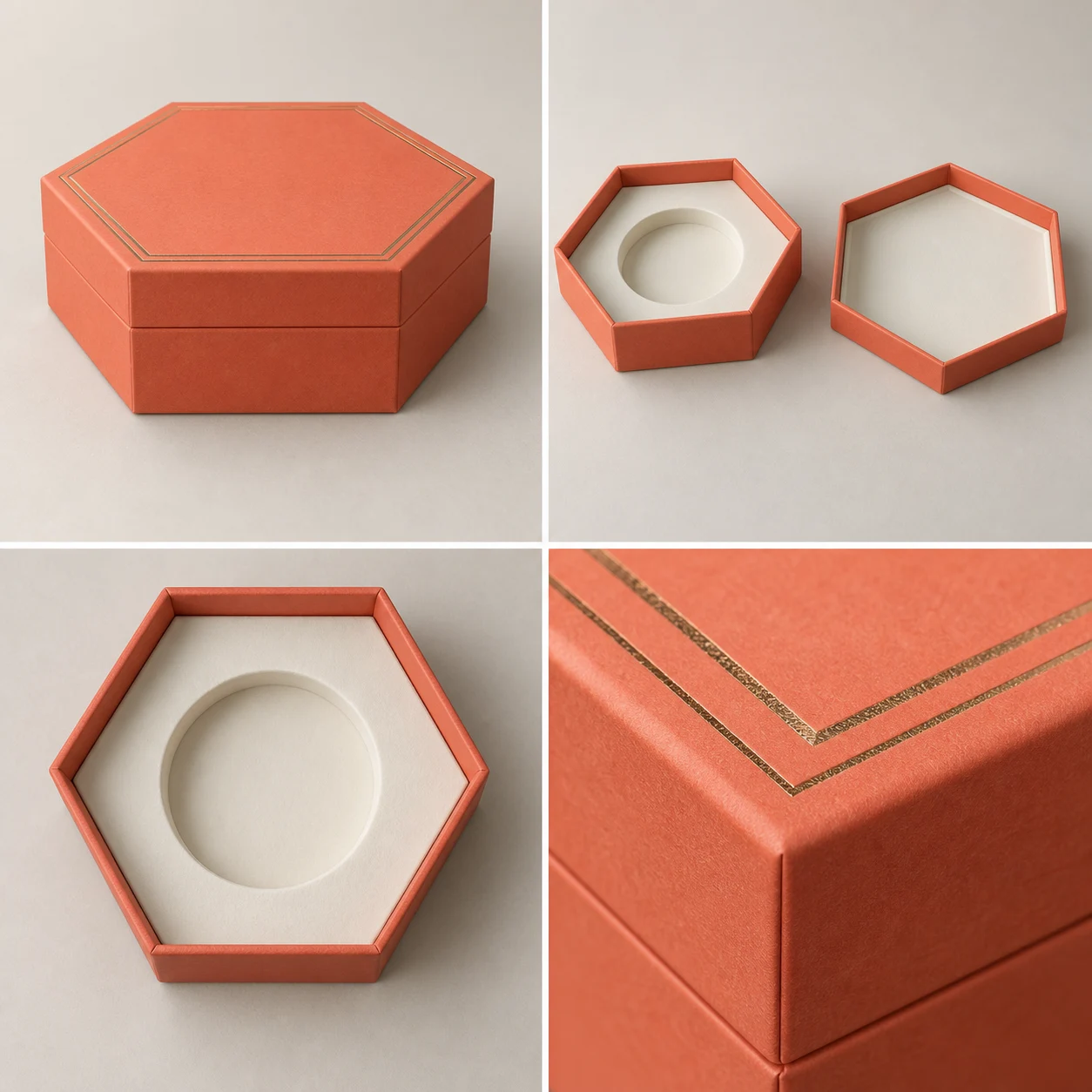 Coral hexagonal rigid gift box with separate lid and ivory insert