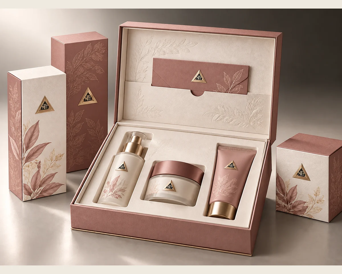 Dusty rose skincare gift box with matching cartons