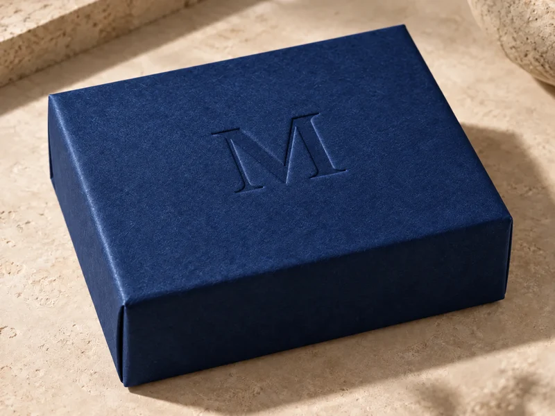 Recessed letter M on a deep blue paper-wrapped box