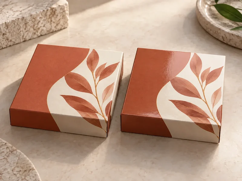 Matching printed boxes showing matte and gloss surface finishes
