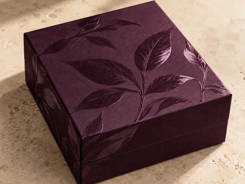 Glossy leaf pattern on a plum purple box surface