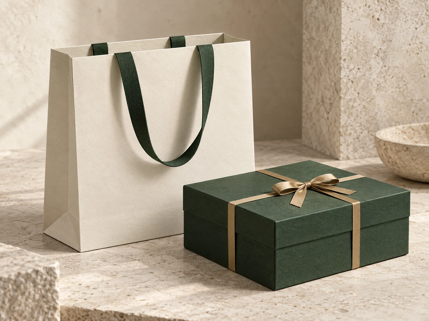 Ivory paper shopping bag with woven ribbon handles