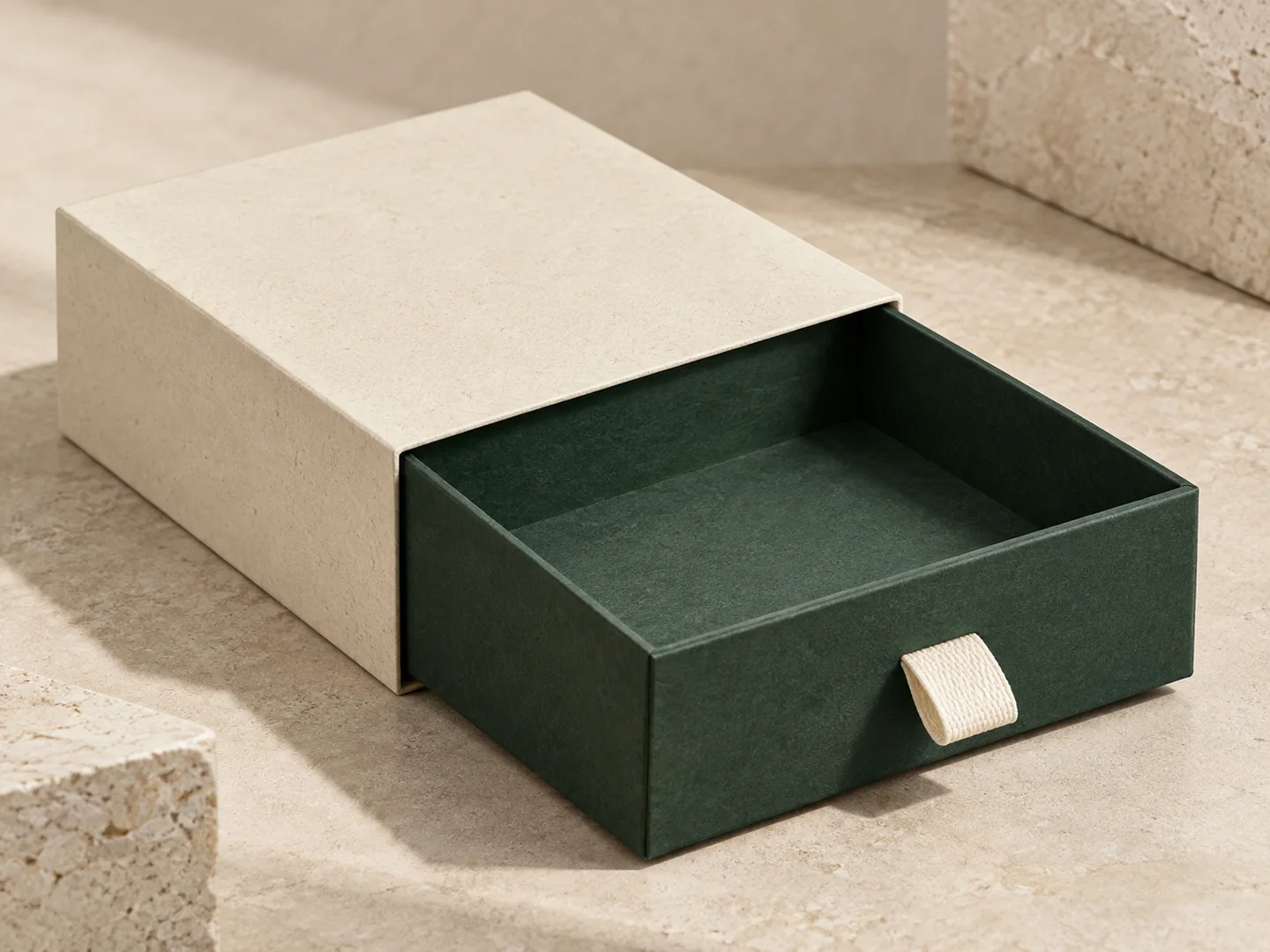 Concept: sliding green drawer tray with ivory sleeve and ribbon pull