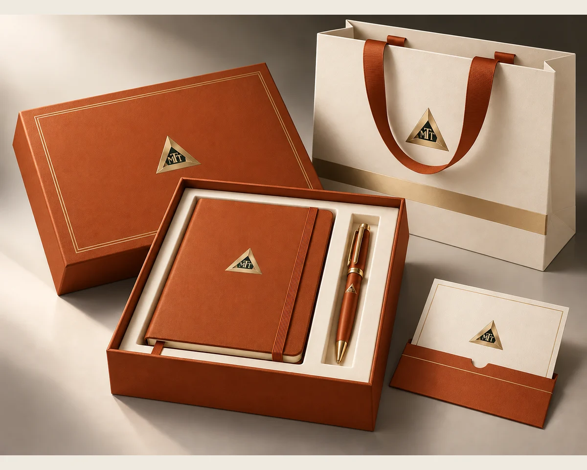 Terracotta notebook and pen gift set with a matching paper bag