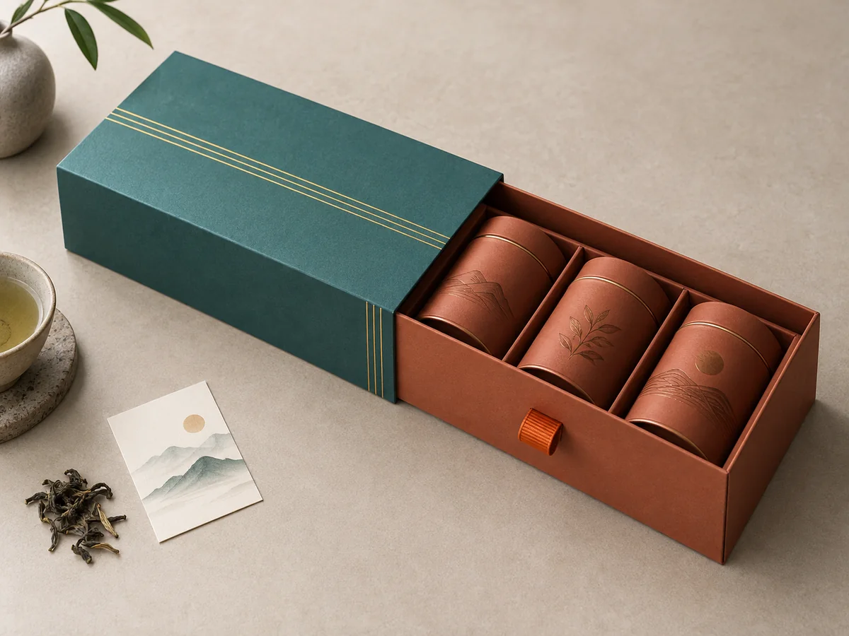 Teal rigid sleeve with a terracotta drawer pulled straight out to reveal three tea tins and dividers