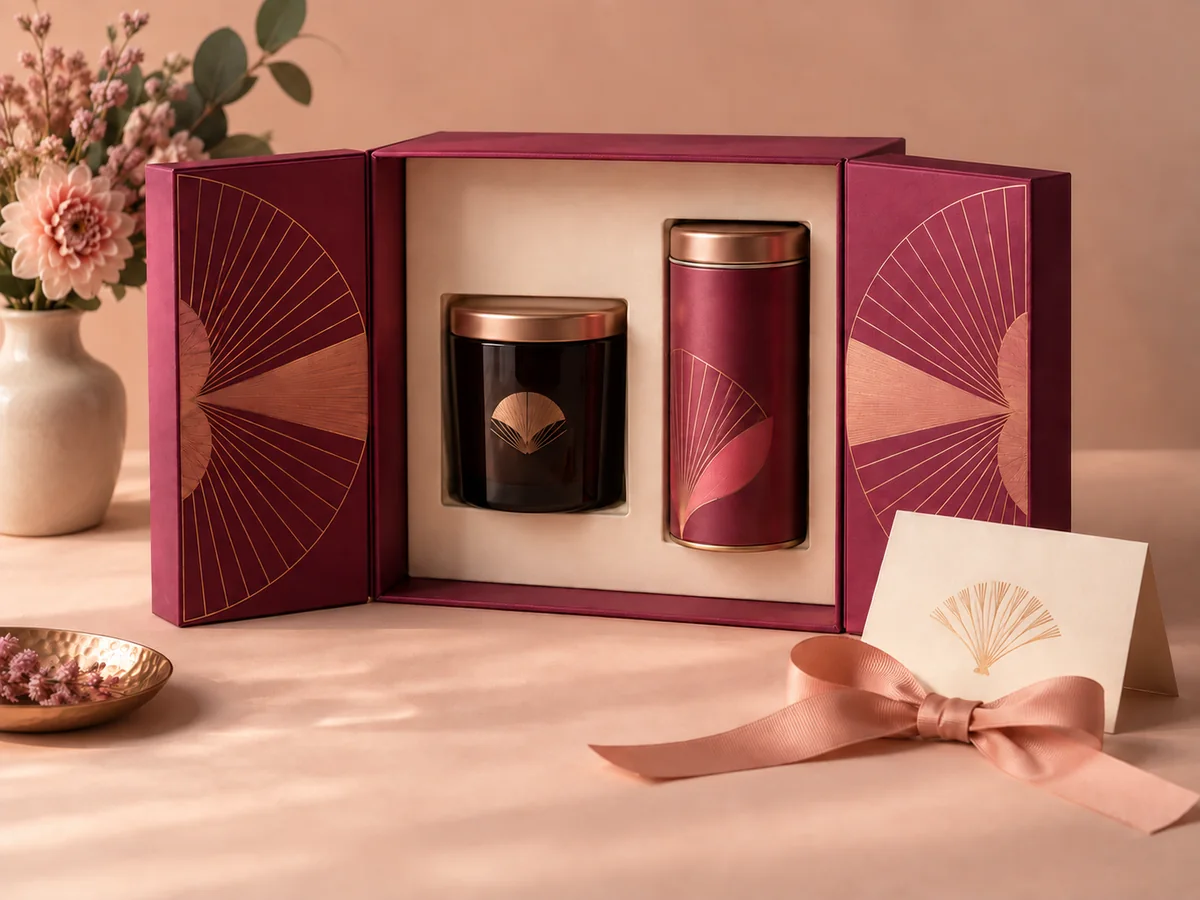 Magenta double-door gift box with a sealed candle, tea tin, fitted interior, matching card and ribbon