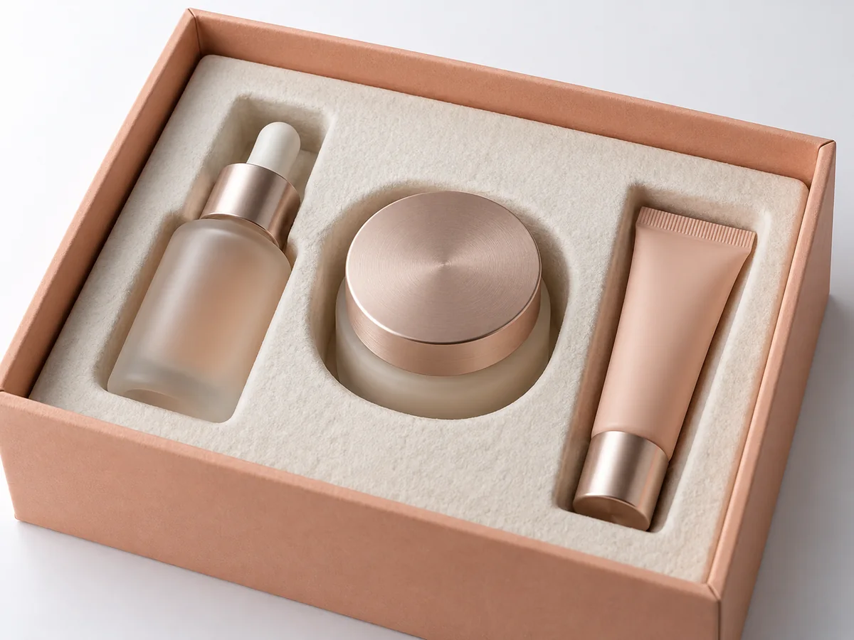 Peach rigid skincare box with a fibrous fitted insert holding a serum bottle, cream jar and tube
