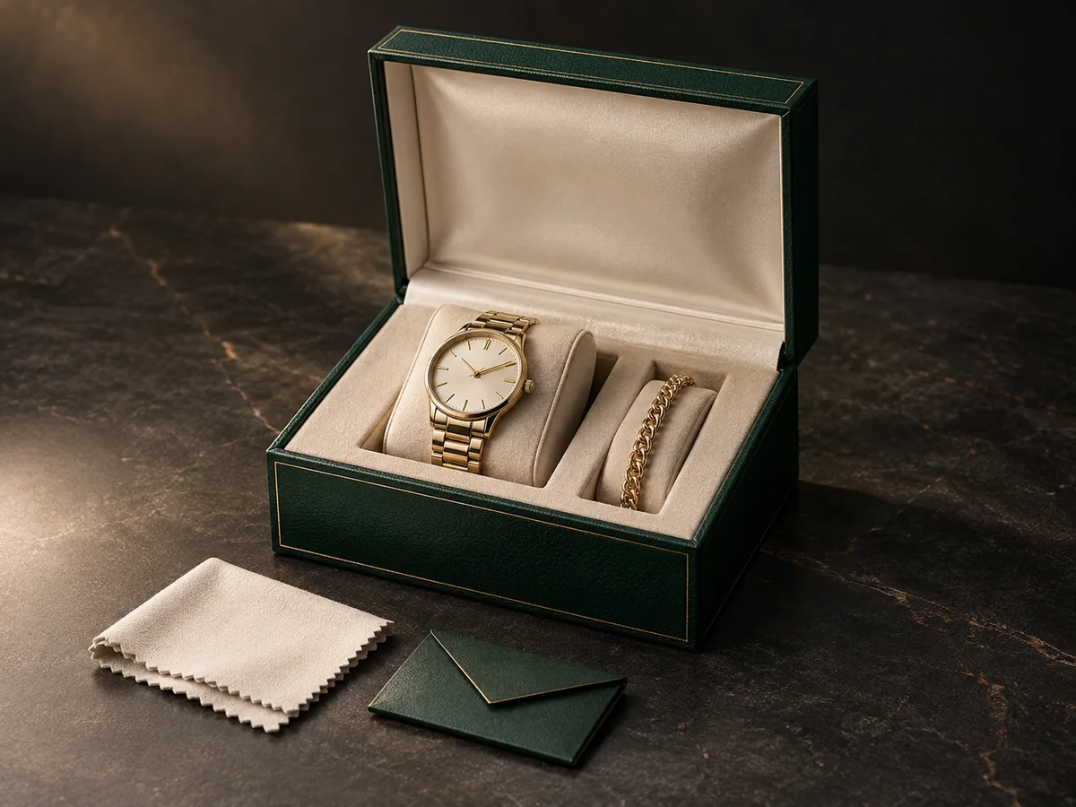 Emerald watch and jewelry presentation box with a padded watch cushion and a separate bracelet compartment