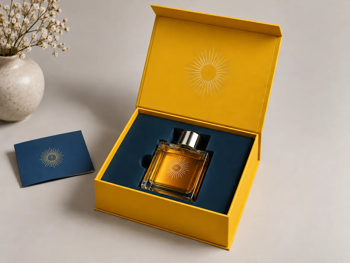 Yellow hinged rigid perfume box with a full-width magnetic closure flap and navy fitted insert