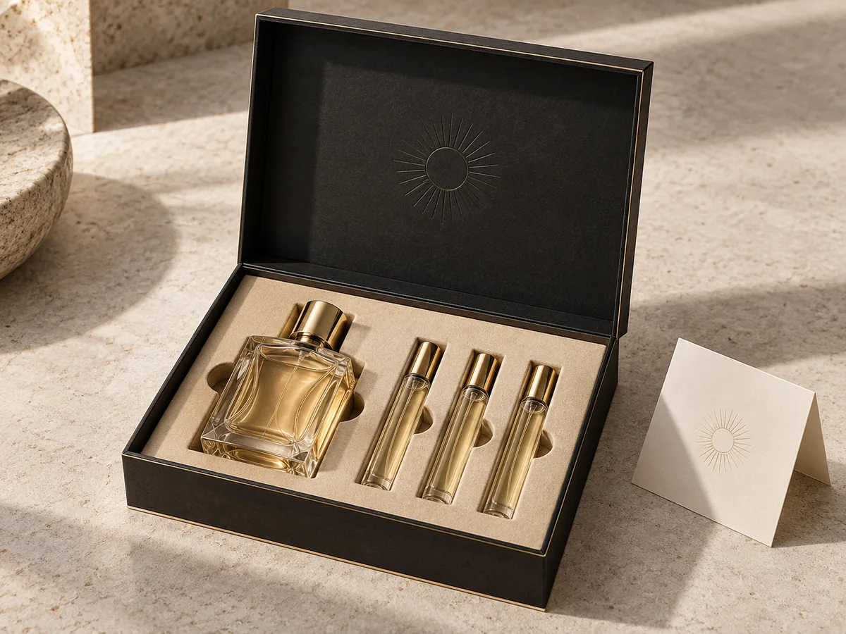 Black hinged perfume discovery box with champagne fitted insert, a perfume bottle and three sample vials