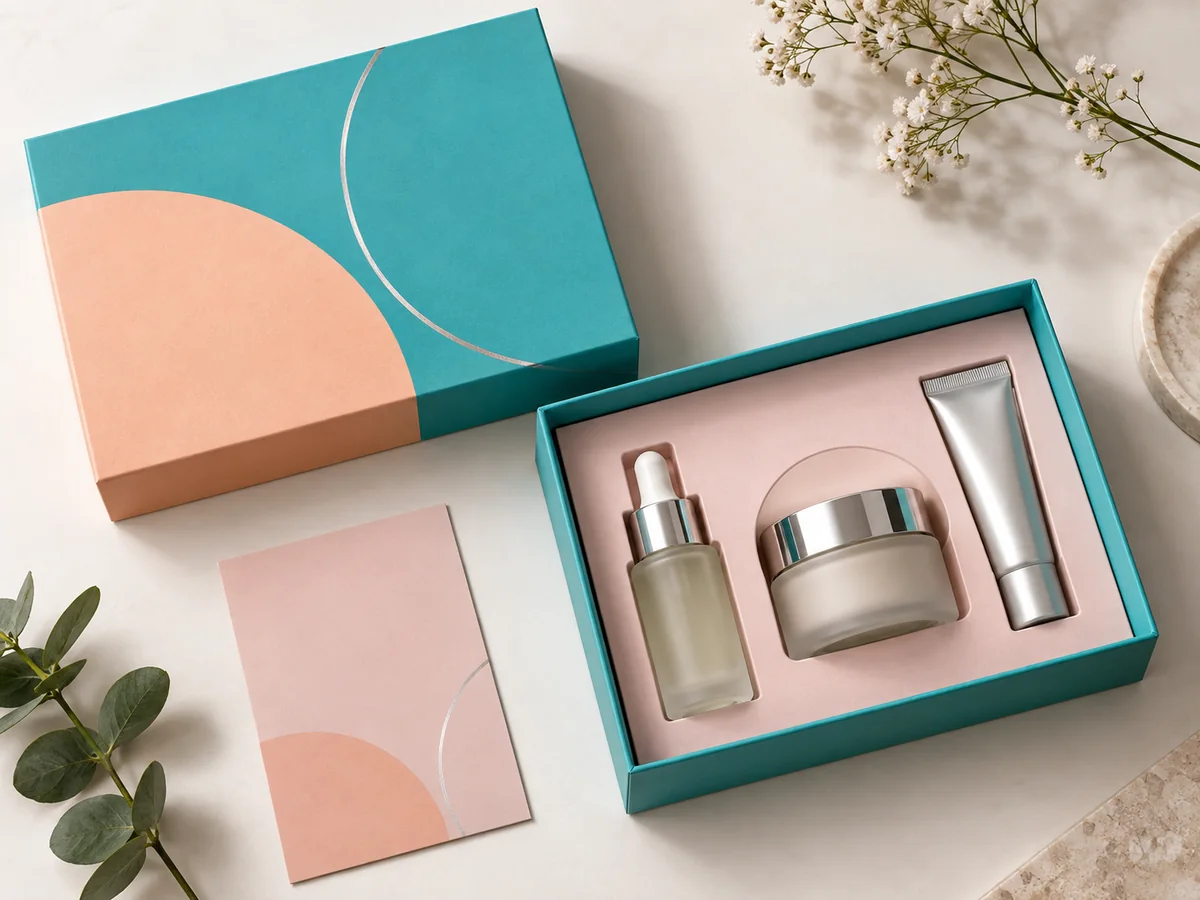 Turquoise lift-off lid skincare box with a separate lid, pink fitted insert, dropper bottle, cream jar and tube