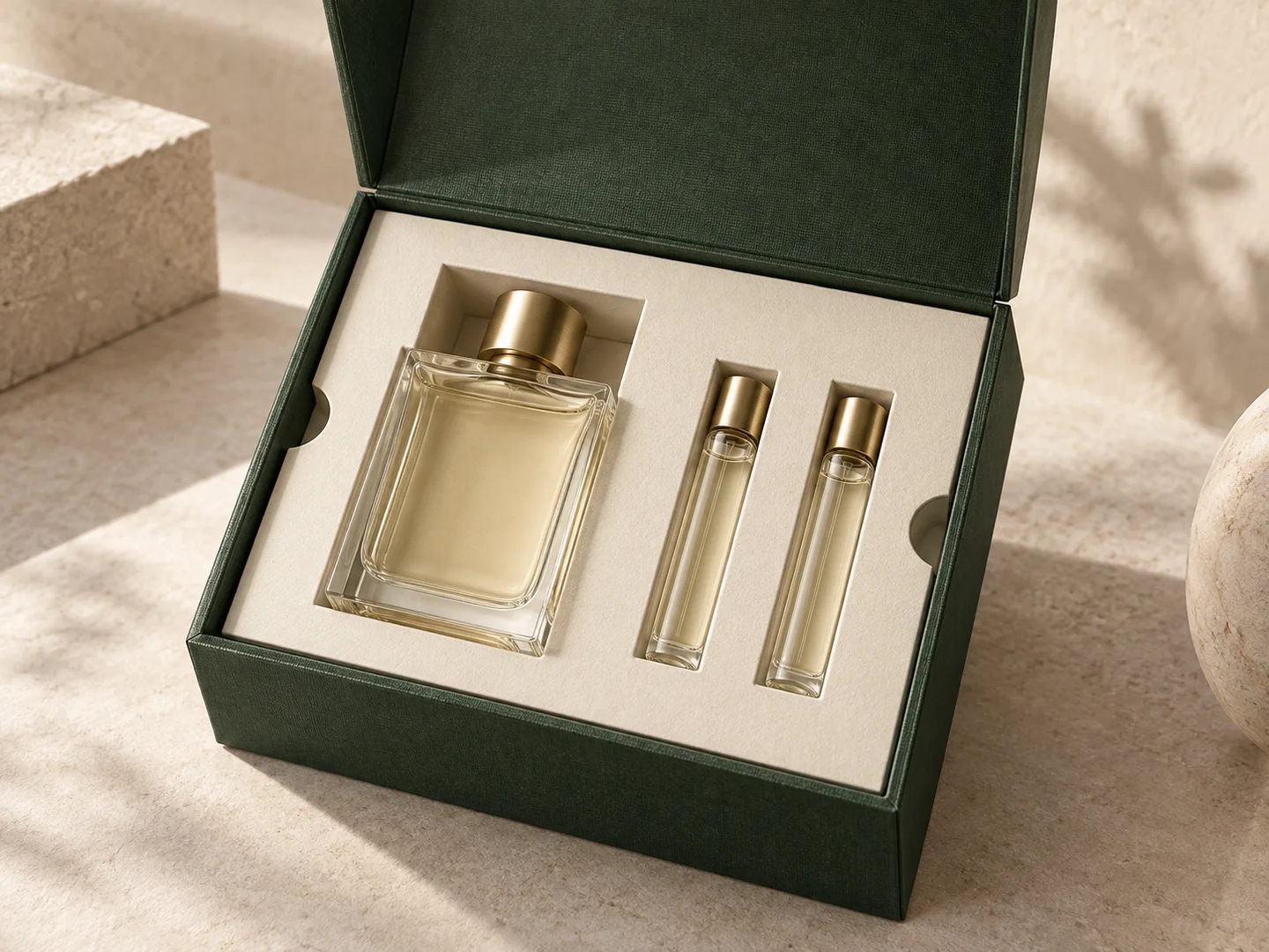 Fitted ivory insert holding a perfume bottle and travel sprays
