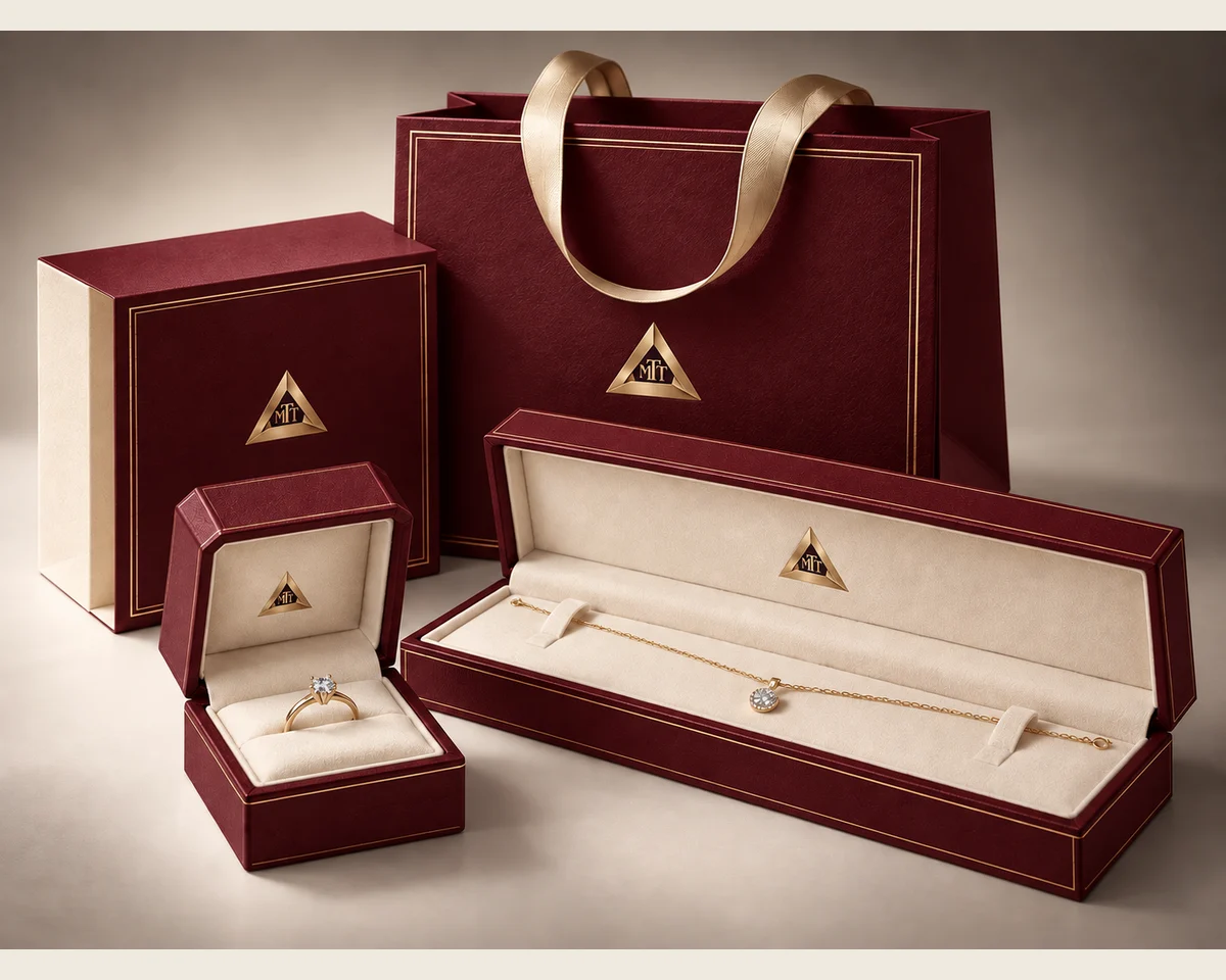 Burgundy ring and necklace boxes with ivory linings