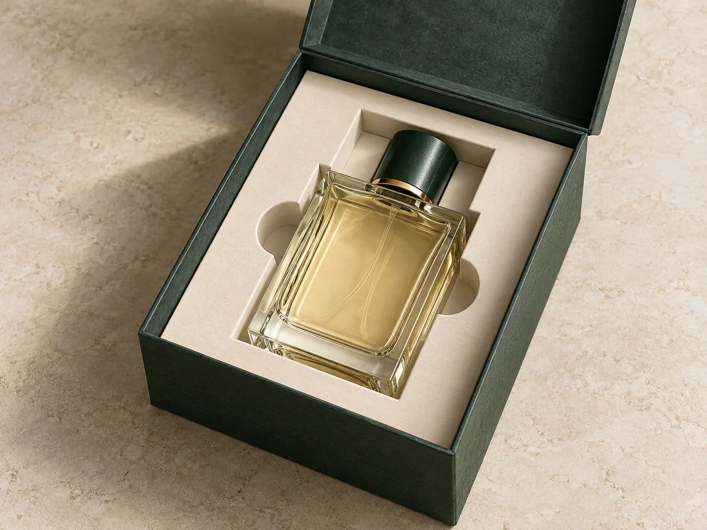 Concept: perfume bottle seated in a paperboard insert