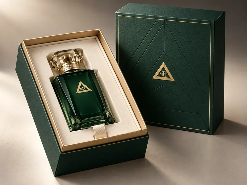 Green rigid presentation box with a fitted ivory bottle insert