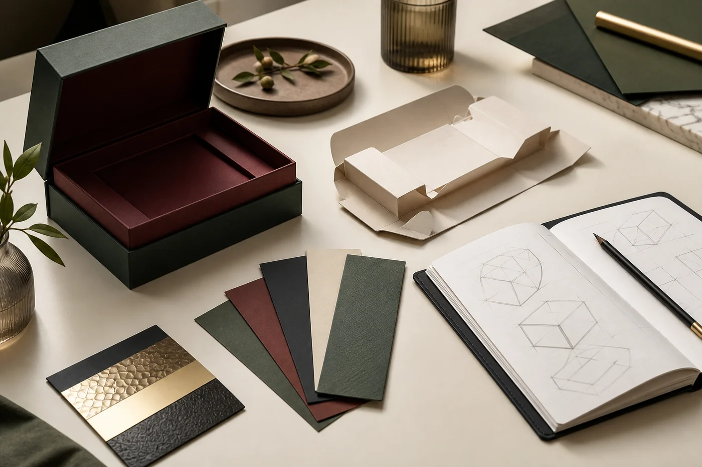Green wrapped rigid box, cream folding carton and paper swatches on a packaging development desk