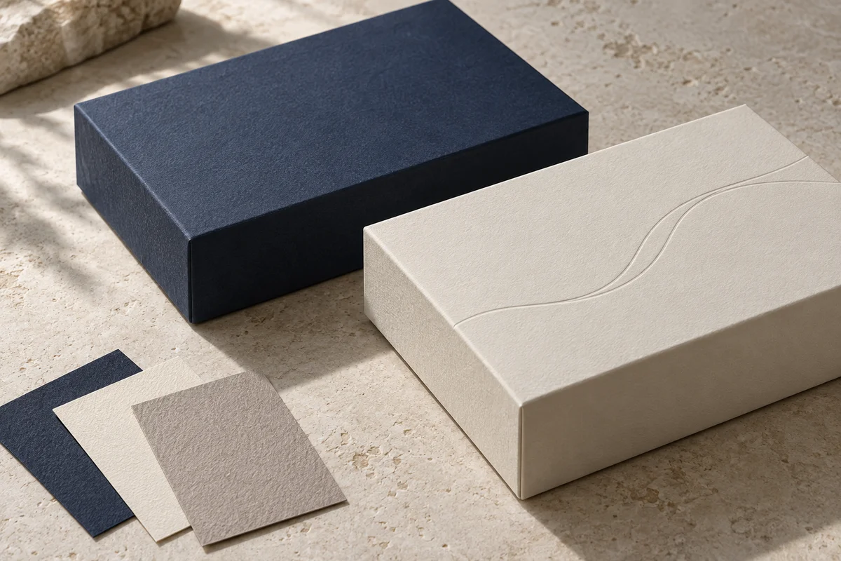 Illustration: navy and ivory paper-wrapped boxes with textured surfaces and edge details