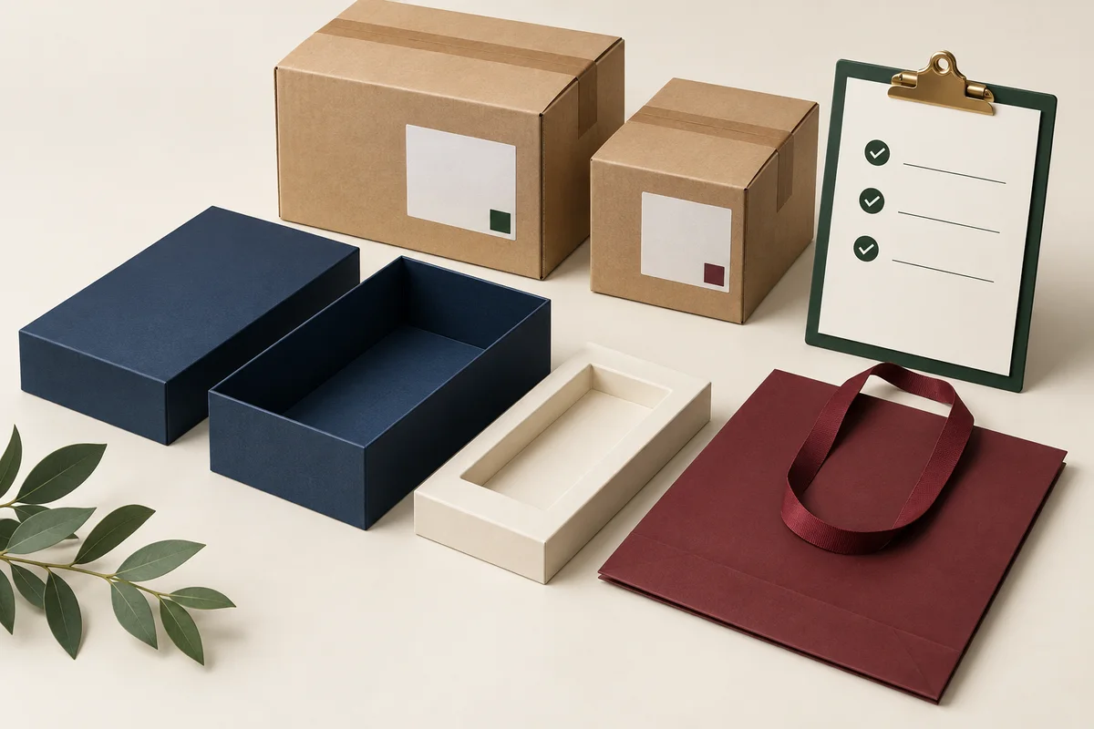 Concept illustration of a box, insert, paper bag and labeled cartons for component stock checks