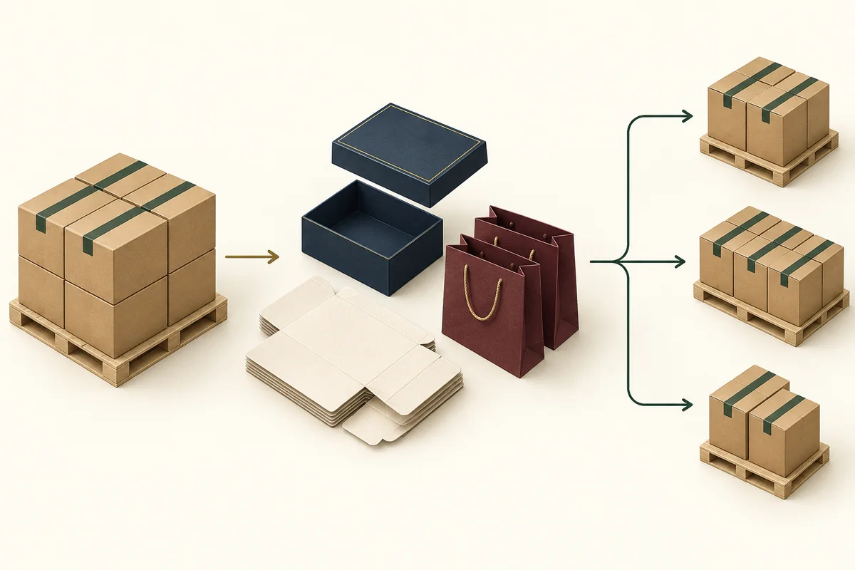 Concept illustration of stored packaging cartons divided into smaller shipment batches