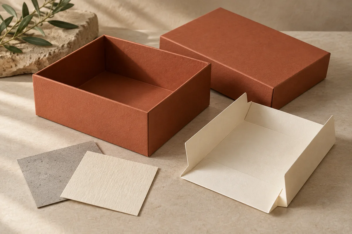 Illustration: terracotta box, separate paperboard tray and paper material swatches