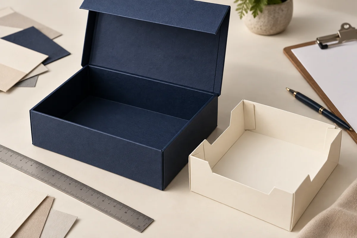 AI concept of a navy presentation box, separate folded ivory insert and measuring ruler