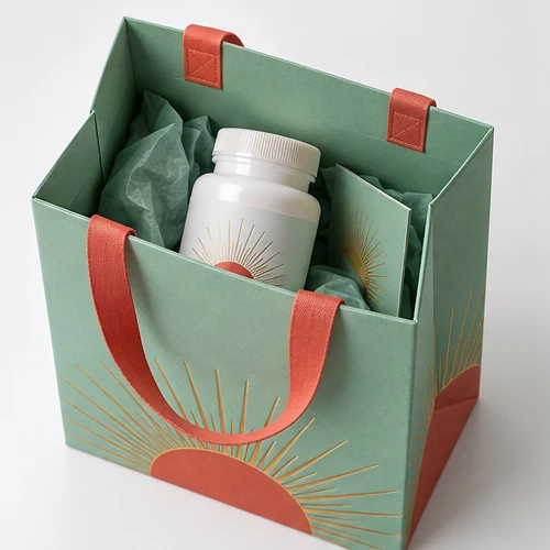Custom sealed supplement bottle packaging — Ribbon-handle paper bag — Packed products