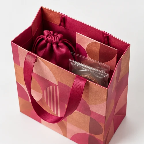 Custom jewelry pouch packaging — Ribbon-handle paper bag — Packed products