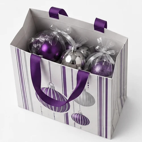 Custom Christmas ornaments packaging — Ribbon-handle paper bag — Packed products