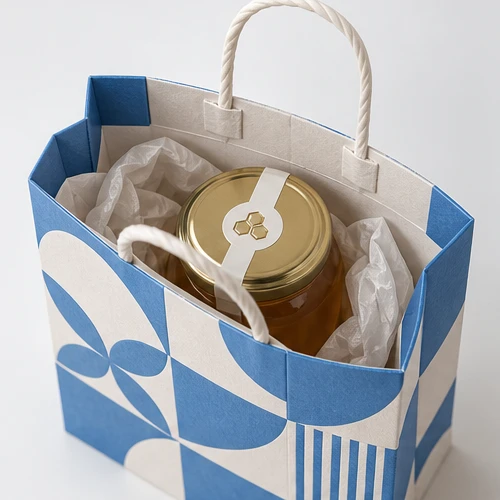 Custom honey jar packaging — Twisted-paper handle bag — Packed products