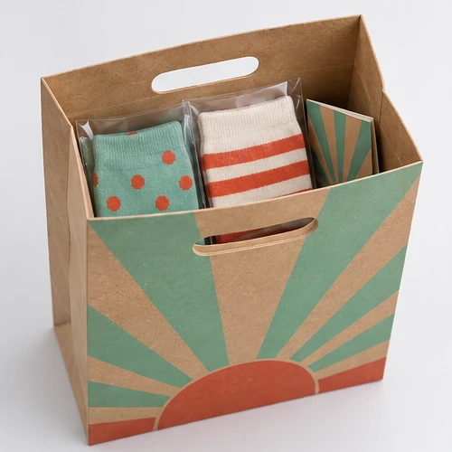 Custom socks gift packaging — Die-cut handle paper bag — Packed products