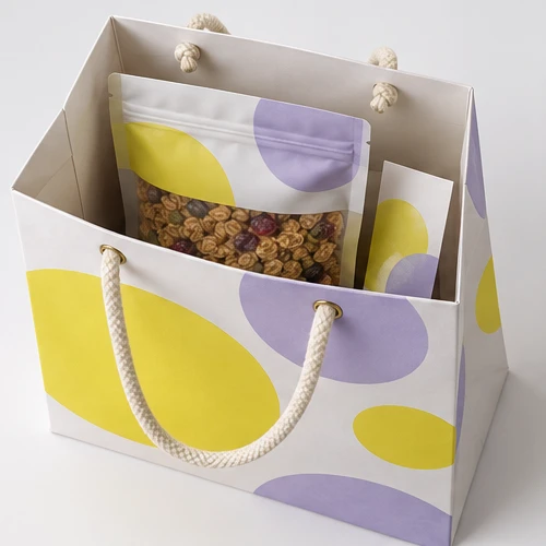 Custom sealed granola pouch packaging — Cord-handle paper bag — Packed products