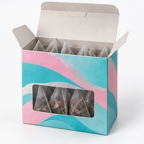 Custom tea sachets packaging — Window tuck carton — Packed presentation
