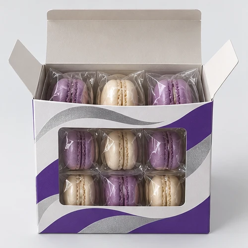 Custom sealed macarons packaging — Window tuck carton — Packed presentation