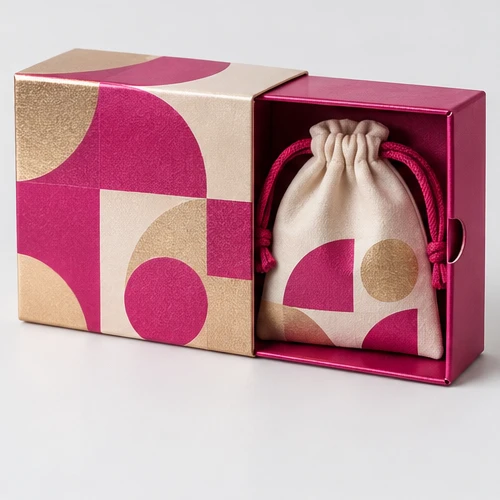 Custom jewelry pouch packaging — Paperboard sleeve and tray — Packed presentation