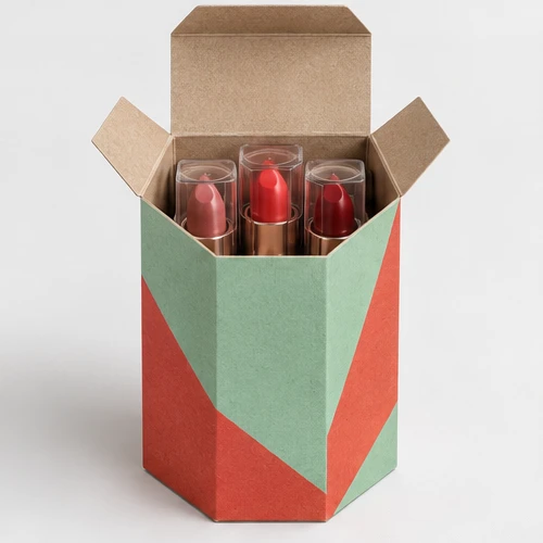 Custom lipstick trio packaging — Hexagonal tuck carton — Packed presentation