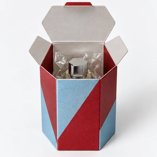 Custom miniature fragrance packaging — Hexagonal tuck carton — Packed presentation