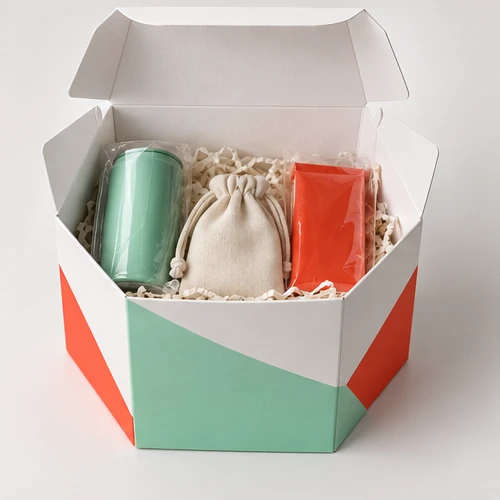 Custom client welcome kit packaging — Hexagonal tuck carton — Packed presentation