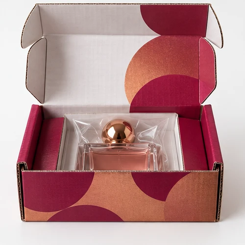 Custom perfume bottle packaging — Roll-end mailer — Packed presentation