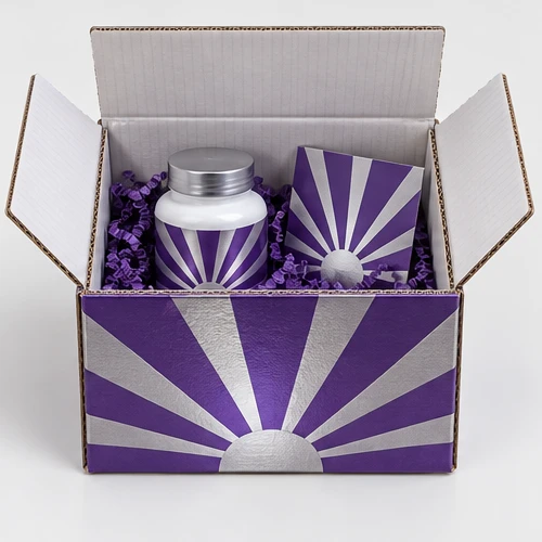 Custom sealed supplement bottle packaging — Four-flap shipping carton — Packed presentation