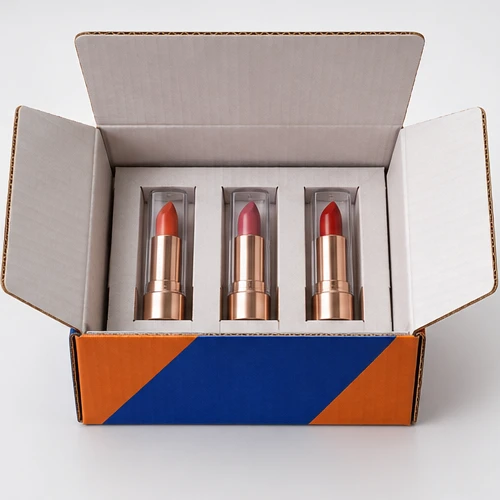 Custom lipstick trio packaging — Four-flap shipping carton — Packed presentation