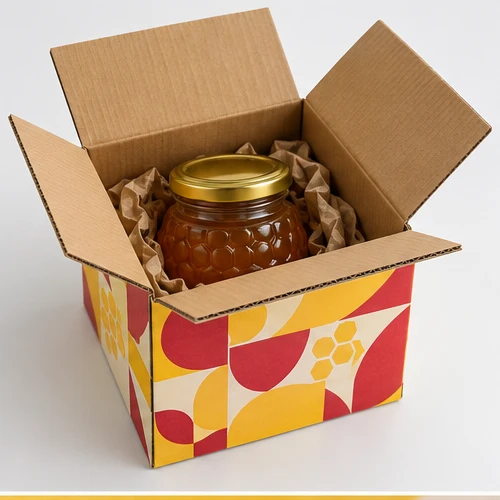 Custom honey jar packaging — Four-flap shipping carton — Packed presentation
