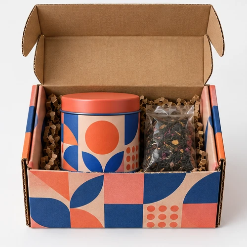 Custom tea tin packaging — Roll-end mailer — Packed presentation
