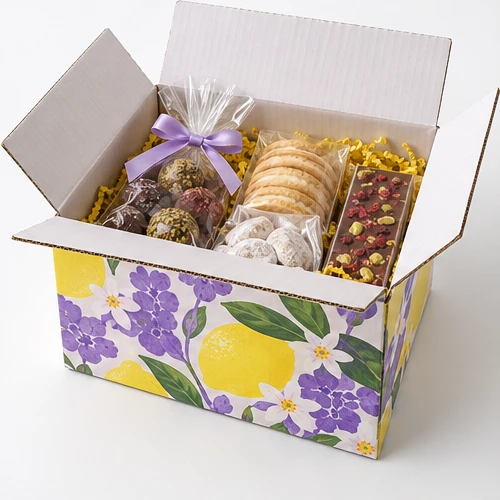 Custom festive confectionery packaging — Four-flap shipping carton — Packed presentation