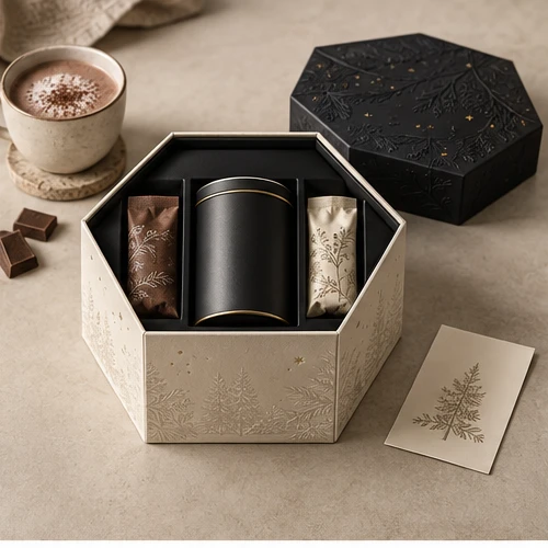 Winter cocoa gift — Hexagonal lift-off box