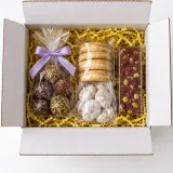 Custom festive confectionery packaging — Four-flap shipping carton — Product & insert