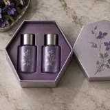 Custom botanical perfume duo packaging — Hexagonal lift-off box — Product & insert