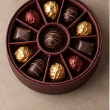Custom celebration chocolate packaging — Round lift-off box — Product & insert